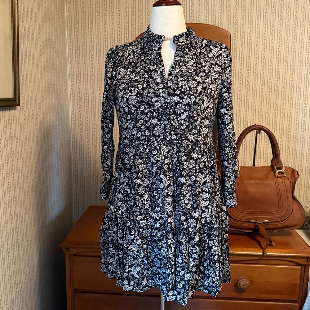 J. Crew Blue and White Sundress with Mock Neck and 3/4 Sleeves